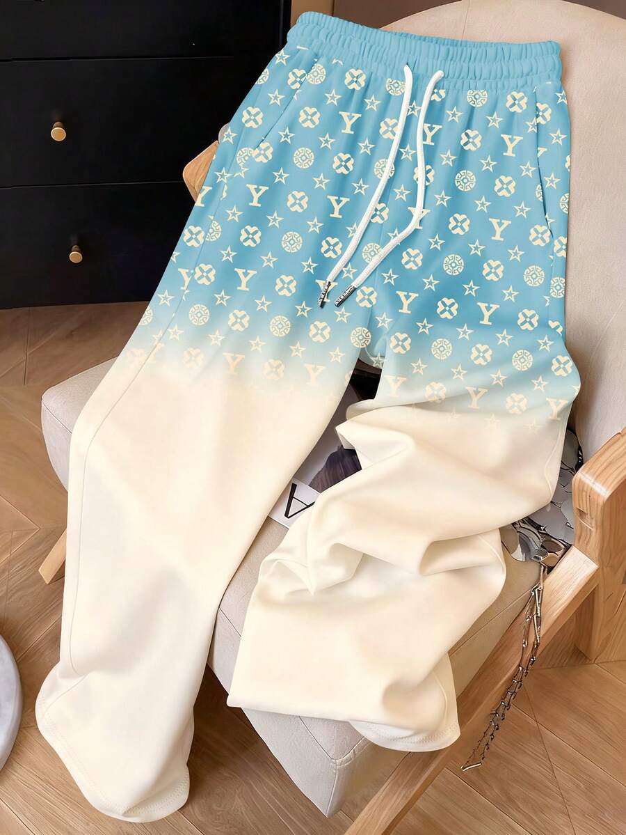 Resyla Y2K Retro American Gradient Floral Print Women Sweatpants - Baby Blue - View 1