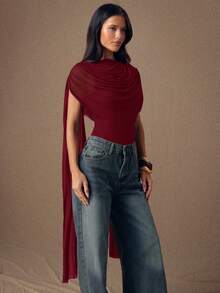 SHEIN BAE 酒红色圆领缎带修身连体衣，适合毕业派对、正式场合、鸡尾酒会、浪漫约会、秋冬季内搭、派对、夜店、正式聚会、夜间外出、万圣节、圣诞节等场合。 - 酒紅色 - 查看 5