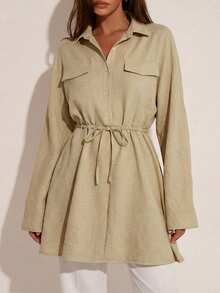RueChic LONG SLEEVE TIED UP WAIST FLAP POCKET DRESS - Brown - View 4