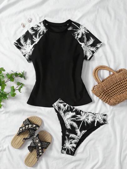 Teen Girls Black & Colorblock Palm Tree Print Modest Bikini Set, Short Sleeve Top And Bottoms, Swimwear For Vacation, Beach, Swimming