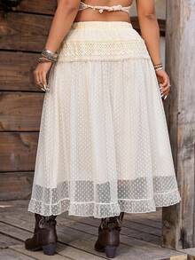 SHEIN LUNE Plus Size Women's Holiday Contrast Lace Polka Dot Mesh Skirt - Apricot - View 2