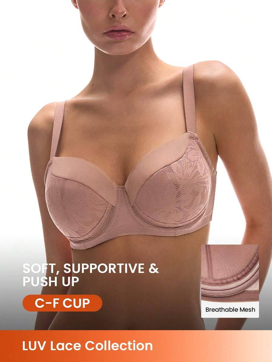 LUVLETTE Underwire Lightly Lined Brown Mesh Lace Push-Up Support Sheer Minimizer  Lingerie Bra - Brown - View 1