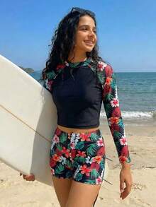 SHEIN Conjunto de traje de baño de manga larga casual de cuello redondo y manga raglán para adolescentes, ideal para el verano y la playa - Verde - Ver 1