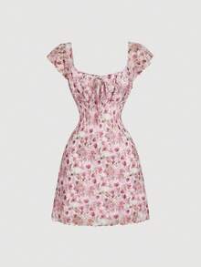 SHEIN MOD 女士复古印花打结胸前褶皱圆领无袖连衣裙，适合夏季穿着 - 彩色 - 查看 4