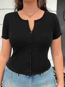 GalTyme NỮ Kích thước lớn Cổ chữ V Màu thuần Áo thun Với Cắt dán - màu đen - Xem 3