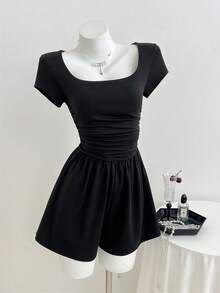 Elamini Women's Square Neck Casual Minimalist Romper, Spring/Summer - Black - View 3