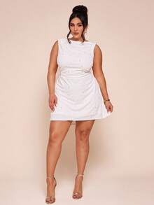 SHEIN BAE 大码女式无袖V领腰部褶皱串珠后背拉链连衣裙，春夏款 - 白色 - 查看 3