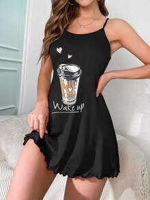 Heart & Slogan Graphic Lettuce Trim Cami Pajama Nightdress - Black - View 5