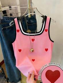 Resyla New Arrival Best-Selling Women's Red Heart Print Loose Casual Contrast Striped Fitted Tank Top - Pink - View 1
