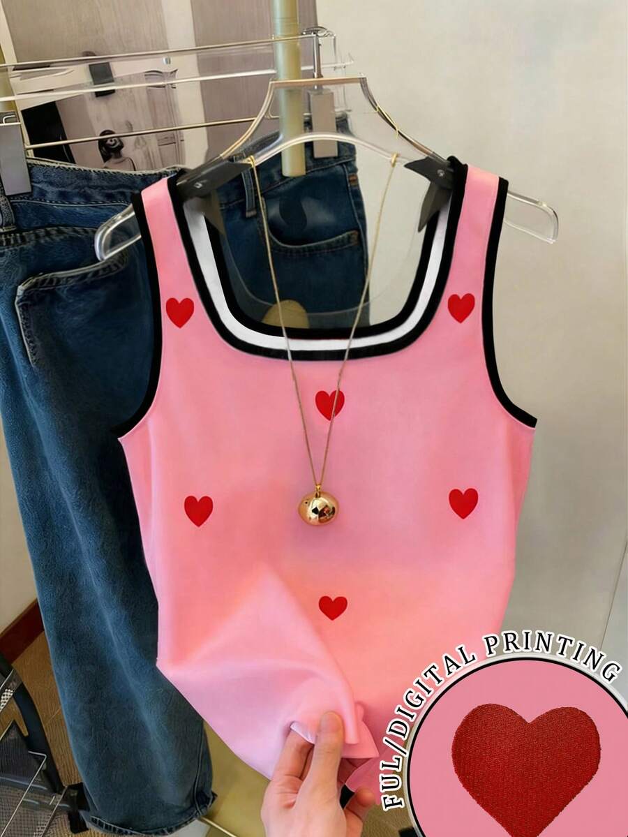 Resyla New Arrival Best-Selling Women's Red Heart Print Loose Casual Contrast Striped Fitted Tank Top - Pink - View 1