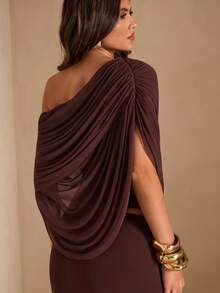 SHEIN BAE Women's Brown Ruched Batwing Shoulder Top And Fish Tail Midi Skirt Elegant 2 Pieces Set - Brown - View 6