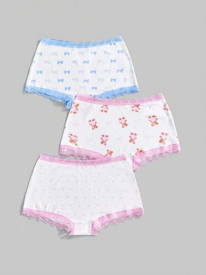 ROMWE Kawaii 3pcs Set: Cute Bear, Bow, Polka Dot & Lace Trim Women's Boyshort Panties