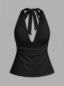SHEIN ICON 95%纯棉深V领露背吊带背心，纯黑色 - 黑色 - 查看 10