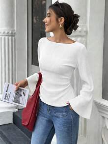 Elenzga Áo dệt kim nữ dáng rộng, cỡ tiêu chuẩn, in họa tiết hoa, cổ rộng, vai rủ và tay loe, thích hợp cho mùa thu/đông. - Màu be - Xem 3