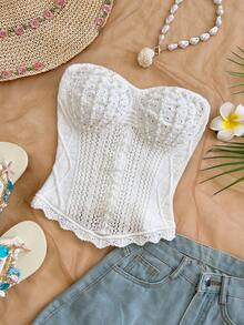 Soleia Top de camiseta de punto de unicolor y diseño calado de moda para mujer - Beis - Ver 4