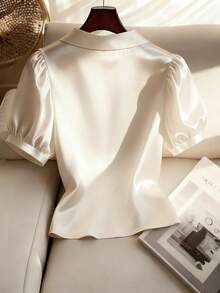 Franclia Women's Elegant Bow Tie Puff Sleeve Blouse Satin Blouses For Women Cream Blouse Bow Shirt Elegant Blouses Silk Blouse - Apricot - View 2