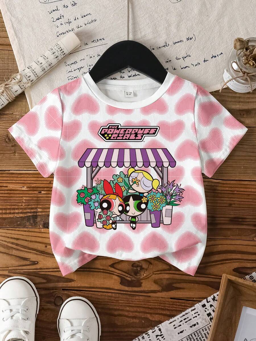 THE POWERPUFF GIRLS X SHEIN Young Girl Casual Heart And Cartoon Graphic Round Neck Short Sleeve T-Shirt, Summer - White - View 1
