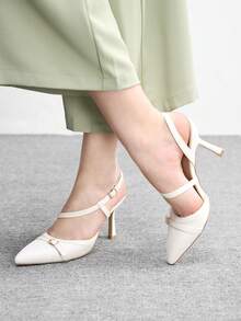 CUCCOO BIZCHIC Tacones altos de moda con diseño de hebilla y punta afilada para uso diario - Beis - Ver 5