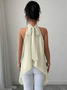 Rafferiza 女士无袖露背浅绿色休闲上衣，夏季 - 杏色 - 查看 2