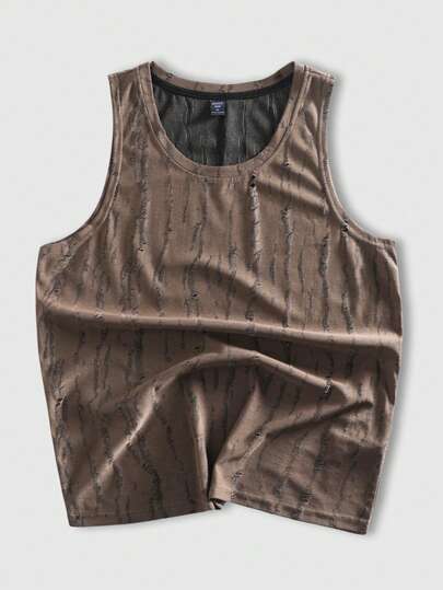 ROMWE MEN Men's Casual Fashionable Street Wear Solid Color Distressed Tank Top, Suitable For Daily Commute In Summer