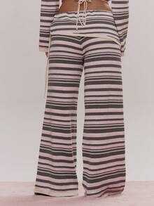 MUSERA Fold Over Waistband Stripe Knit Trousers Cute Cosy Spring Everyday Sugar Swizzle - Multicolor - View 4