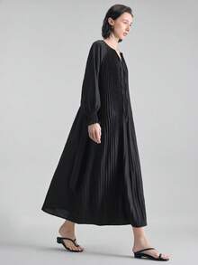 Ontre 2026新款早春灰色长袖褶皱连衣裙，系带领，适合现代都市派对、返校季、休闲简约风、波西米亚风、度假、节日等场合。 - 黑色 - 查看 1