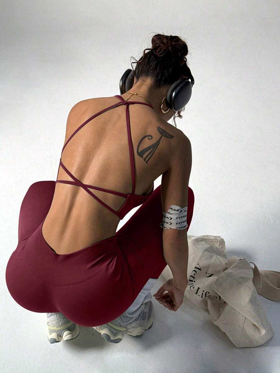 SHEIN Sports Women's Sports Set Backless Solid Color Fashion, Suitable For Summer Workout Women Sets