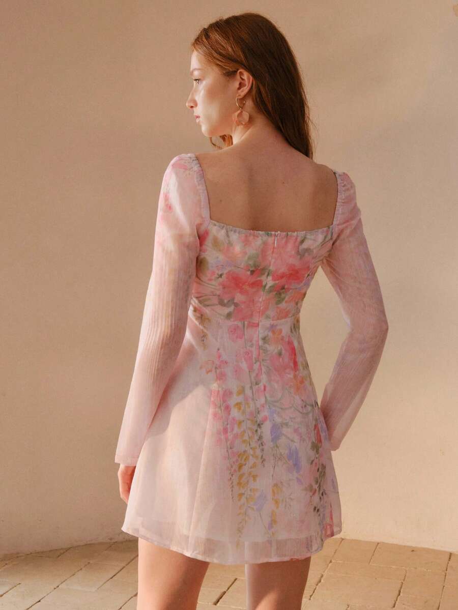 PREMIUM WOMEN'S FLORAL PRINTED FOLD PLEATED MINI DRESS - Pink - View 2