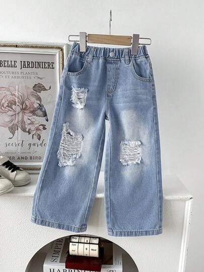 Young Girl' Light Blue Denim Jeans, Distressed Design, Comfortable Fitted Style, Cotton Denim, Suitable For Daily Outings, School, Commuting, New Arrival