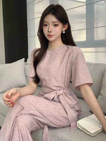 DAZY 2pcs Women's Casual Tie-Waist Loose Short Sleeve Shirt Top And Straight Leg Pants Set, Suitable For Spring, Summer, Valentine's Day