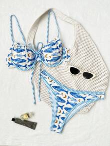 Swim Mod Set de bikini casual de vacaciones para mujer con 2 piezas, estampado de animales tropicales marinos, tirantes, acolchado y cierre en la espalda con ribete contrastante - Multicolor - Ver 5