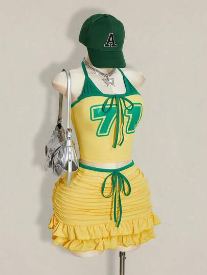 SHEIN ICON Plus Size Brasilien Landslag Färgblockströja Set, Halterneck Rygglös Stickad Topp Och Volangnedslå Minikjol 2-Delad Outfit, Matchdagsoutfit