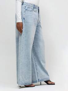 MUSERA 加大码水洗牛仔阔腿牛仔裤，日常休闲宽松街头风，冬季夜间外出及工作场合皆宜。 - 淺色水洗藍 - 查看 5