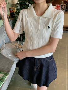 DAZY Women's Turndown Collar Korean Style Cartoon Embroidery Knit Sweater - White - View 6