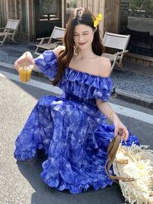 DAZY Women's Off-Shoulder Korean Style Ruffle Hem Dress, Vacation Wear - Purple - View 7