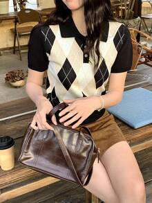 DAZY Women's Collared Diamond Pattern Knit Top, Korean Style - Black and White - View 1