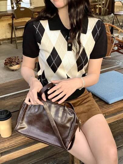 DAZY Women's Collared Diamond Pattern Knit Top, Korean Style