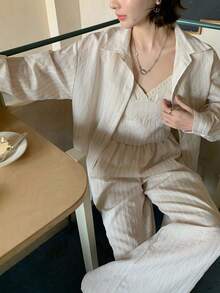 DAZY Conjunto casual de mujer con camisa de manga larga de hombros caídos a rayas, camiseta sin mangas y pantalones - Albaricoque - Ver 5