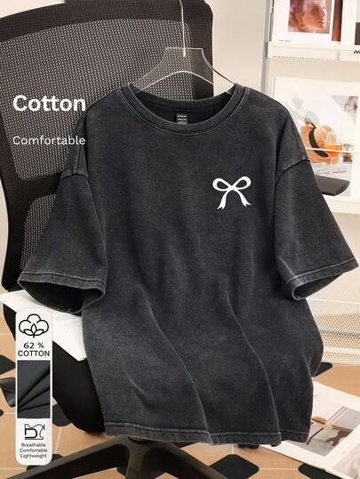 Attitoon Women's Black Knit Acid-Washed Oversized T-Shirt, Suitable For Summer, Vintage, Butterfly Print Streetwear Top Dhgate 100% Cotton Lovito Official Store Bow Shirts Black Graphic Tee Graphic