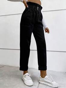 Flexra Jeans de mujer con cintura de bolsa de papel y bolsillos - Negro - Ver 4