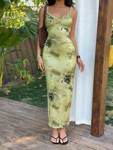 Sunnyshic Women's Summer Dress: Casual Carnival Printed Pattern Beach Vacation Party Maxi Dress - Green - View 4