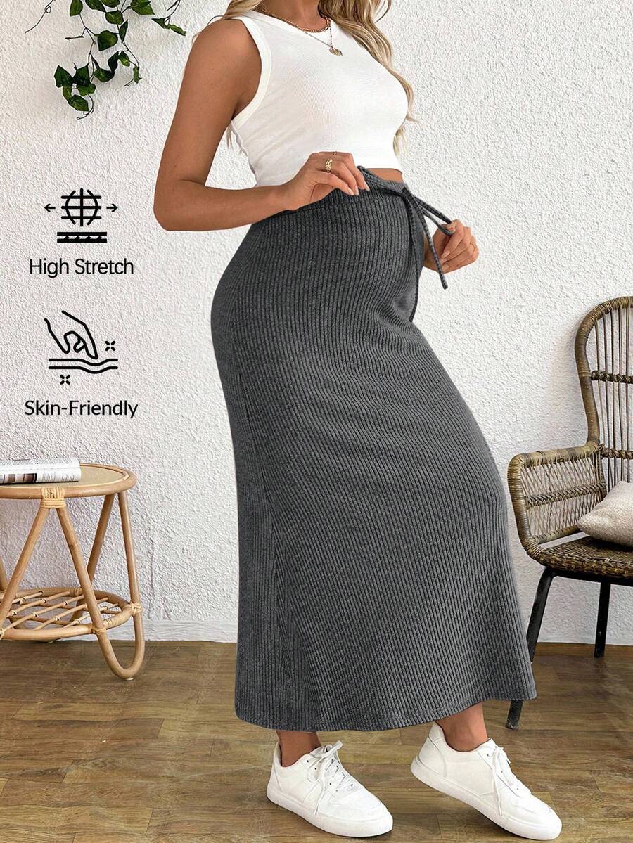 SHEIN Maternity Tank Top And Adjustable Waist Drawstring Fitted Skirt 2 Pieces Set - Grey - View 1