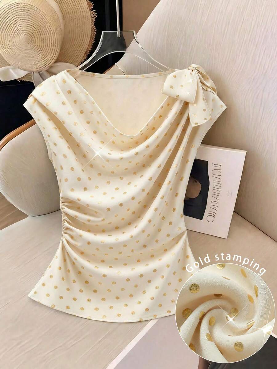 Modelyn Stylish Foil Polka Dot Draped Neck Cinched Waist Blouse, High-End, Spring/Summer - Apricot - View 1