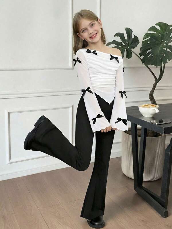 SHEIN Girls Butterfly Decor Asymmetric Shoulder Long Sleeve T-Shirt And Flare Pants Elegant 2 Pieces Set