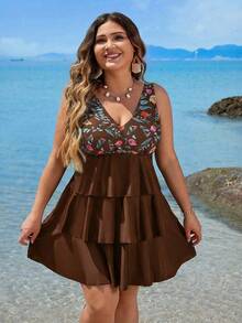 Swim Lushoire Plus Size Floral Print V-Neck Tankini Set (Top And Bottoms) - Multicolor - View 5