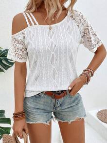 EMERY ROSE Women's Casual Lace Asymmetrical Shoulder Short Sleeve T-Shirt, Summer - White - View 4
