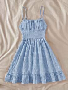 SHEIN 少女夏季休闲度假纯色荷叶边无袖吊带连衣裙，适合夏季约会之夜、海滩度假、女生郊游、海滩度假装扮、女士太阳裙 - 藍色 - 查看 7