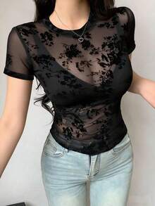 DAZY Women's Slim Fit Sheer Lace Crew Neck Pullover Top - Black - View 3