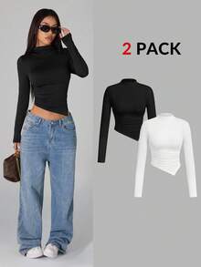 SHEIN PETITE 2件套不对称下摆高领长袖T恤高领修身女款上衣 - 彩色 - 查看 3