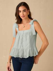 Enchnt 女士夏季简约纯色镂空刺绣系带露肩上衣 - 薄荷綠 - 查看 4